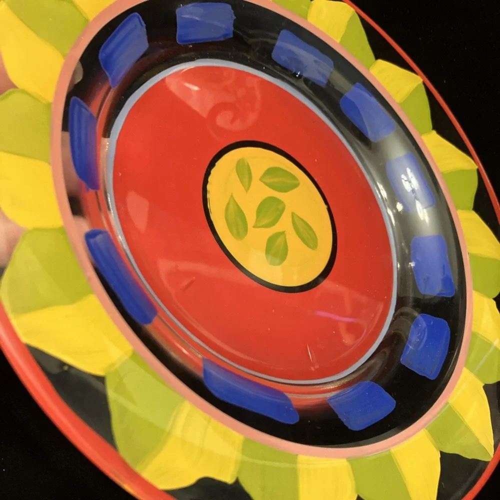 Clear Art Glass Hand Painted Vibrant Colorful Display or Dinner Plates Set of 2